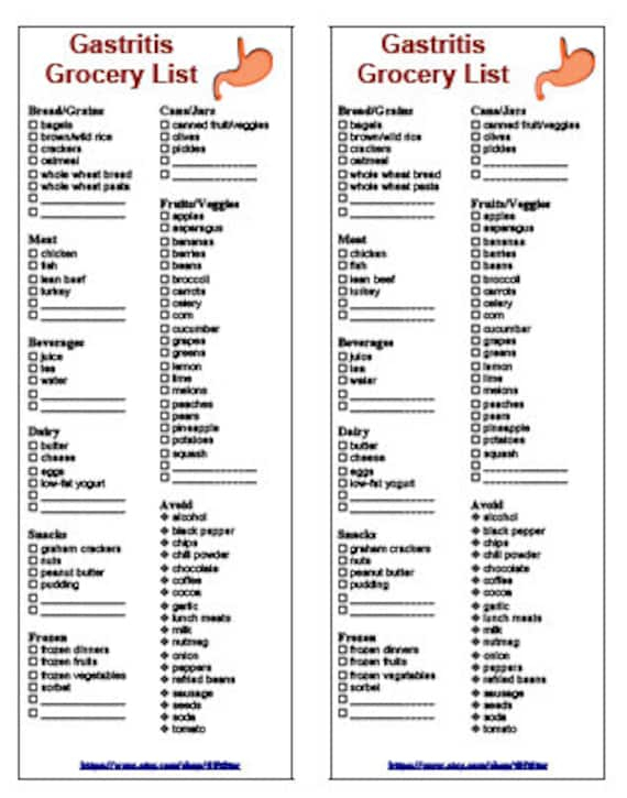 Printable Gastritis Grocery List Diet Food Etsy