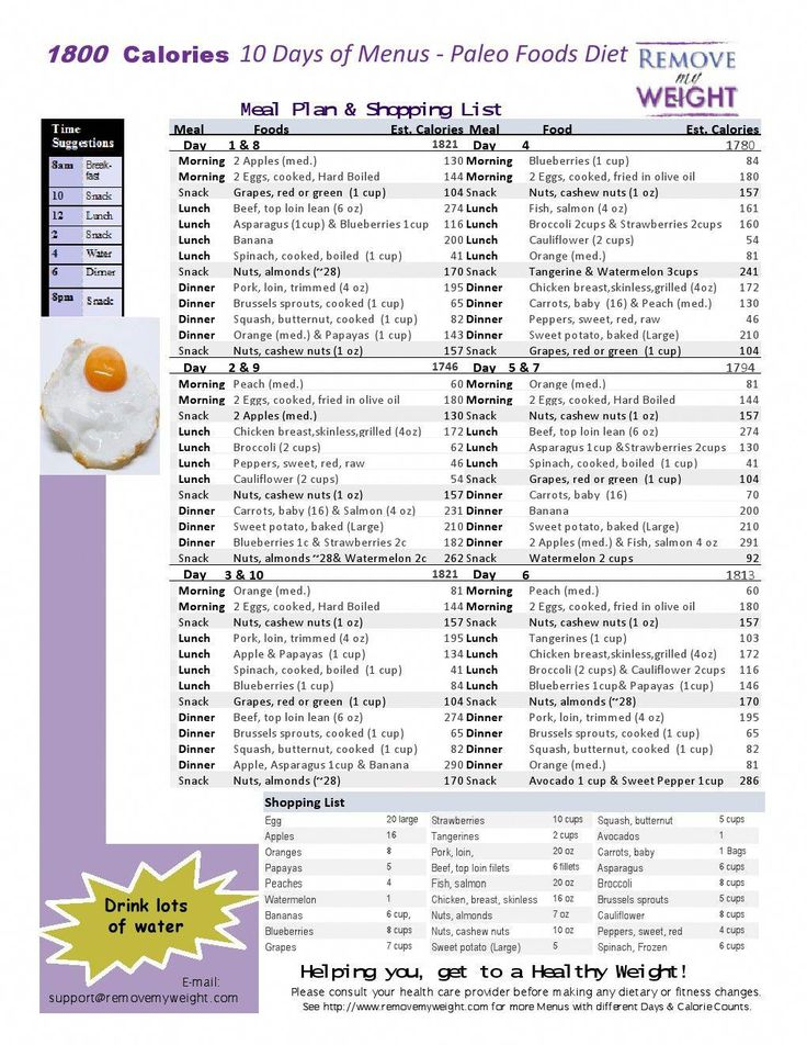 Simple One Page Printable 10 Day Of A 1800 Calorie Paleo 