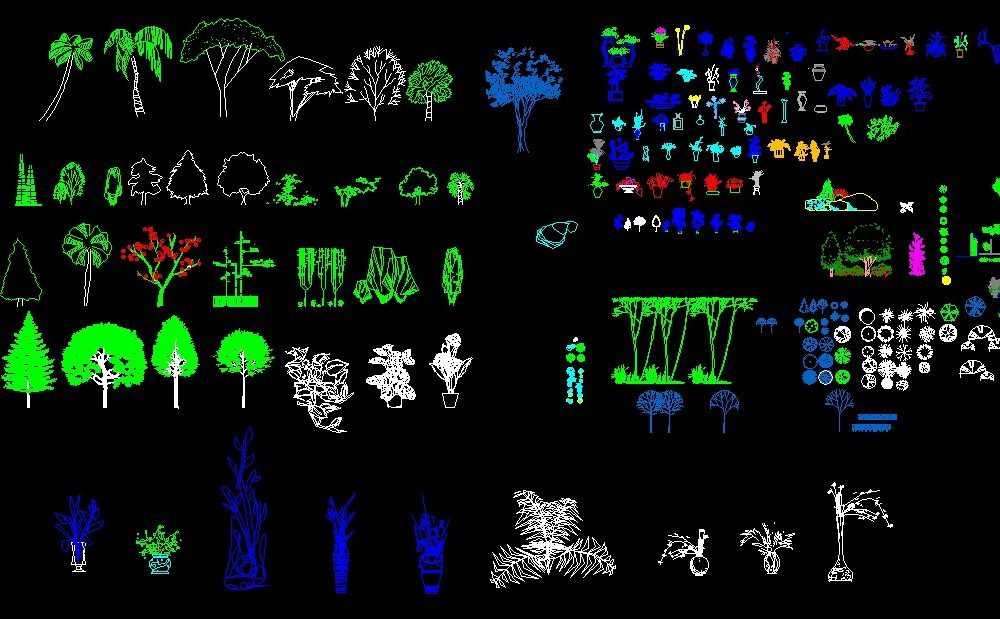 Trees Shrubs And Plants Pots Elevation And Top View 2D DWG 