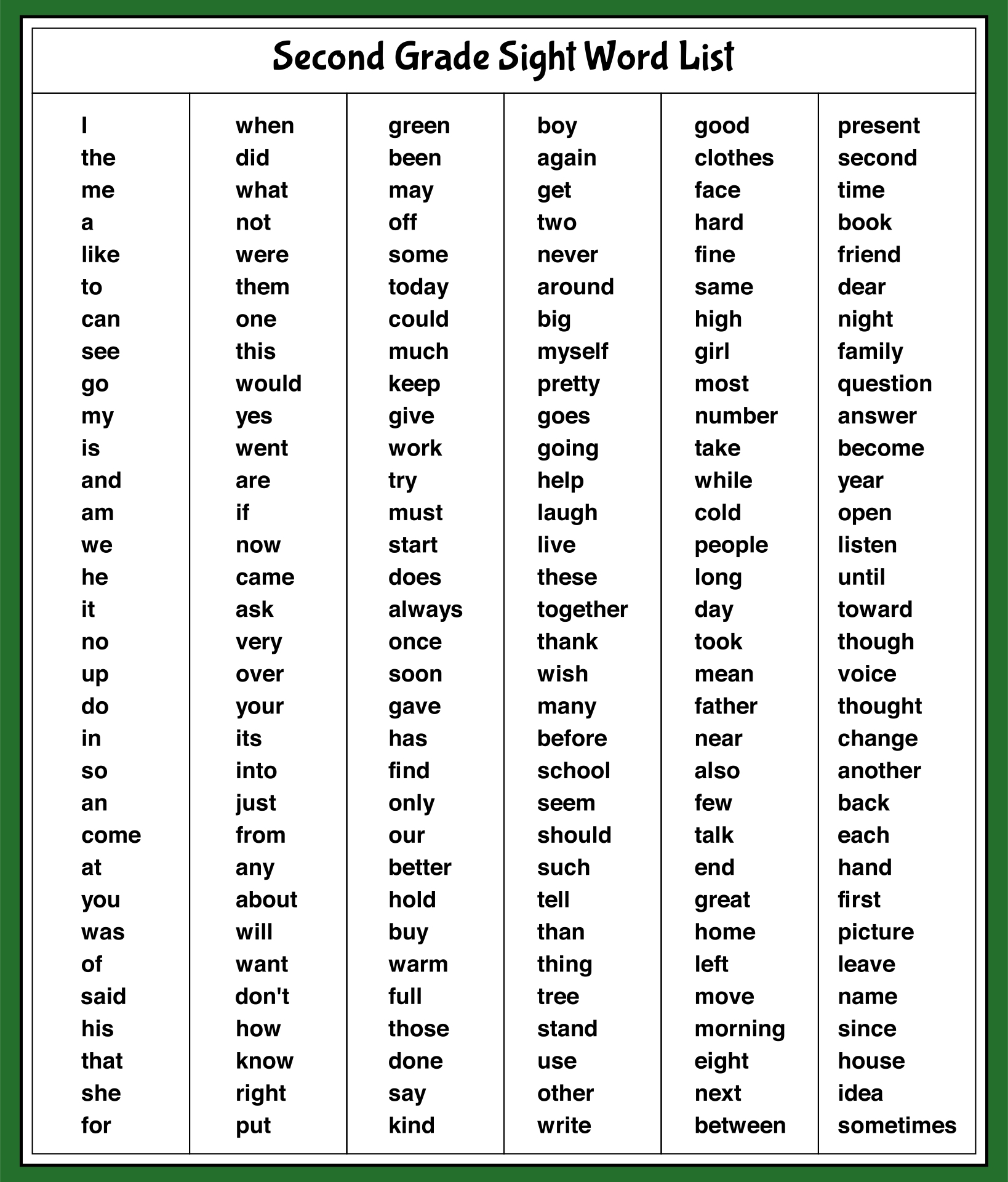 6 Best Second Grade Sight Words List Printable Printablee