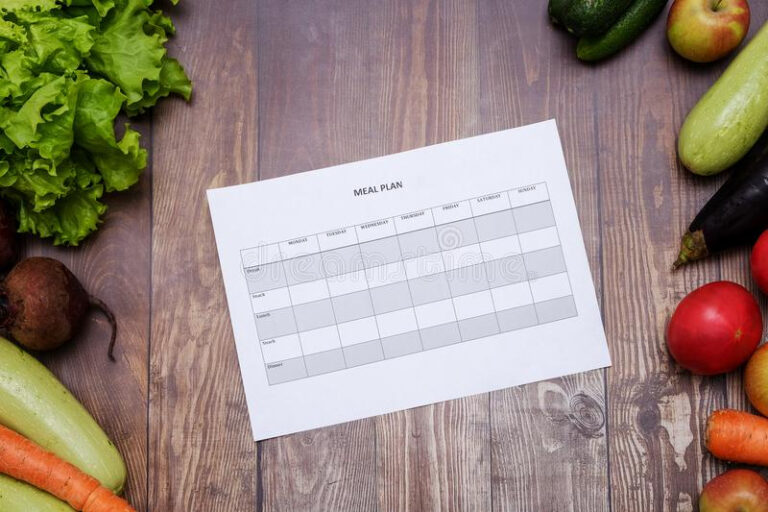 7 Day Diet Plan On Table Full Of Fruits And Vegetables Stock Image