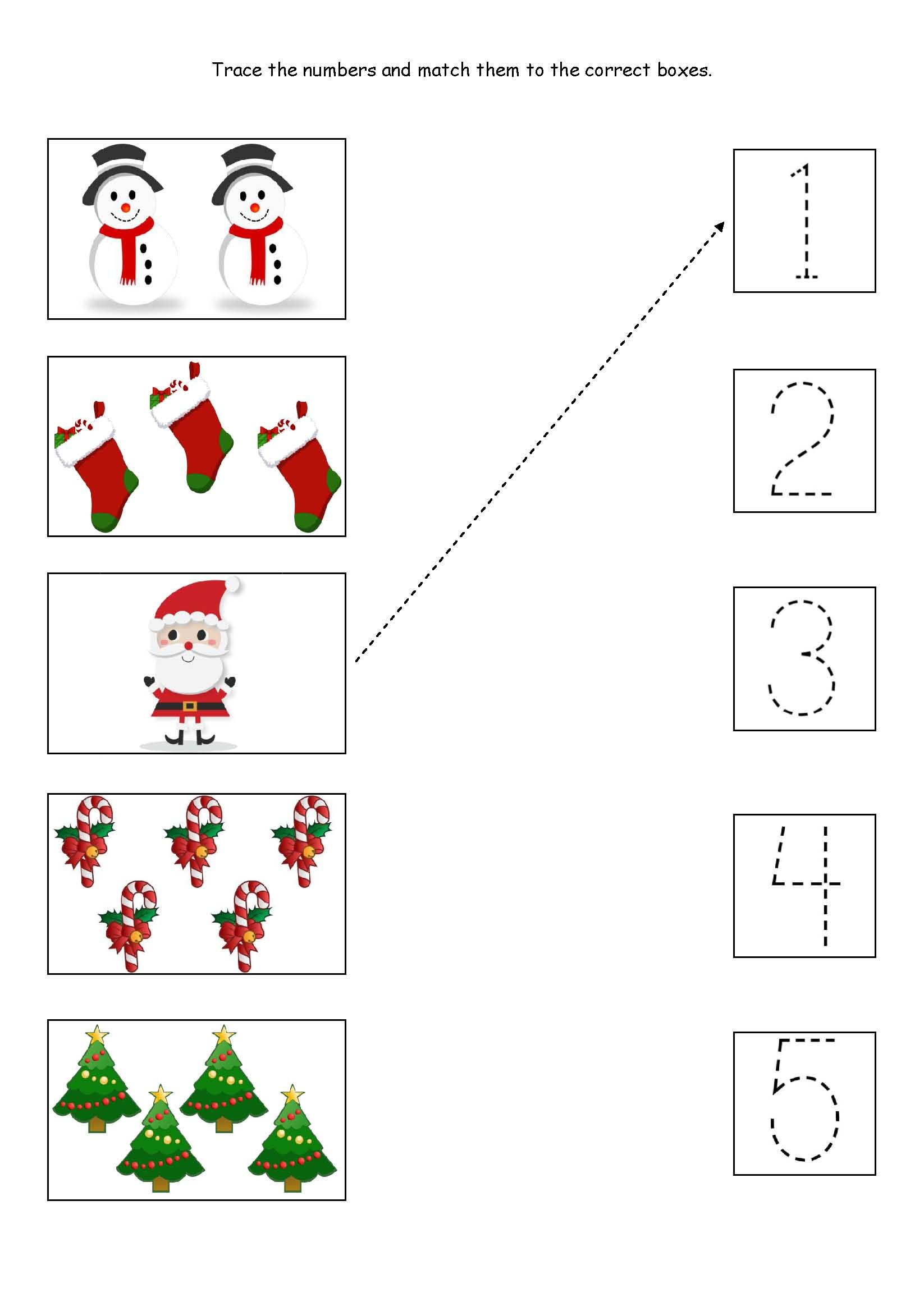 Cute Little Christmas Counting Matching And Tracing Worksheet 