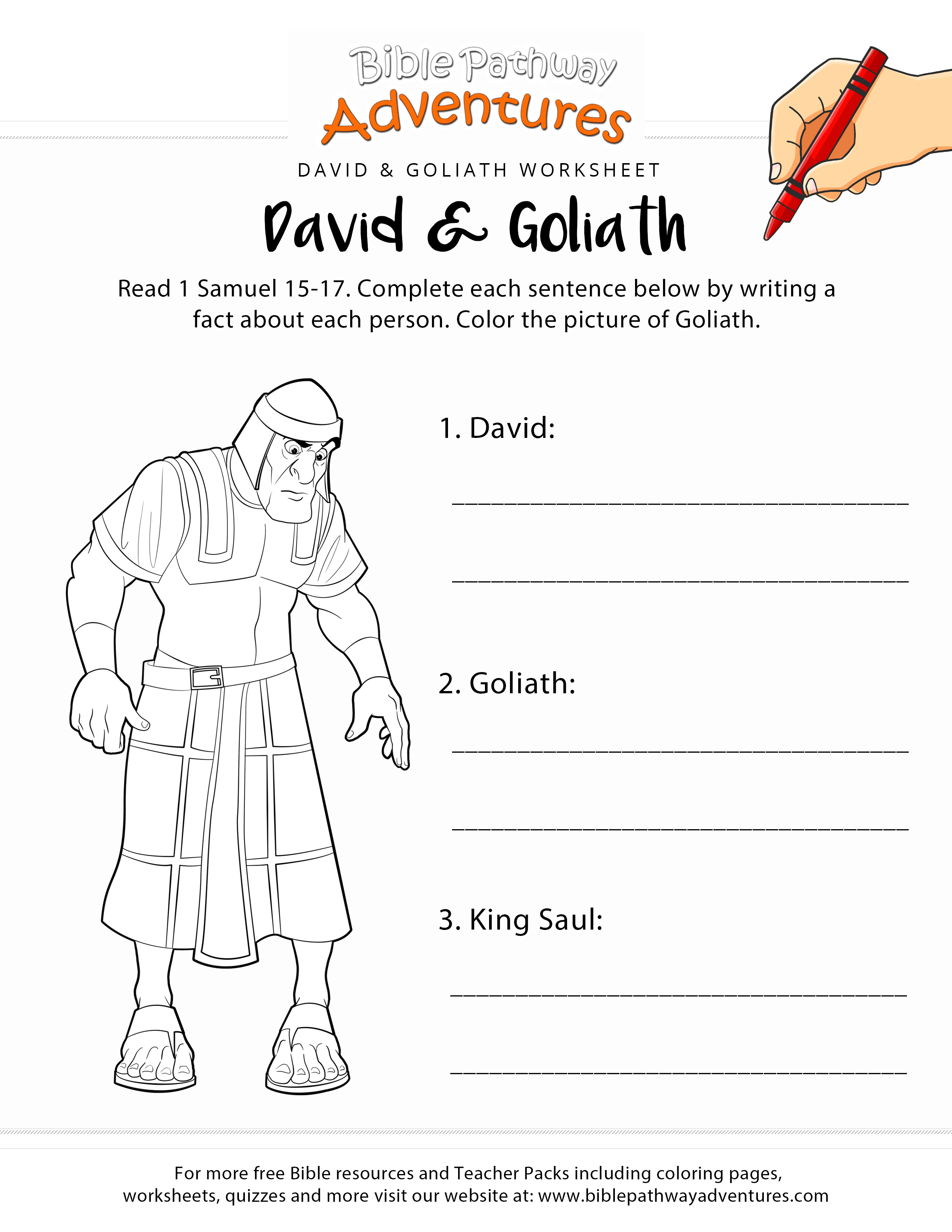 David And Goliath Free Bible Worksheet And Coloring Page Printable 