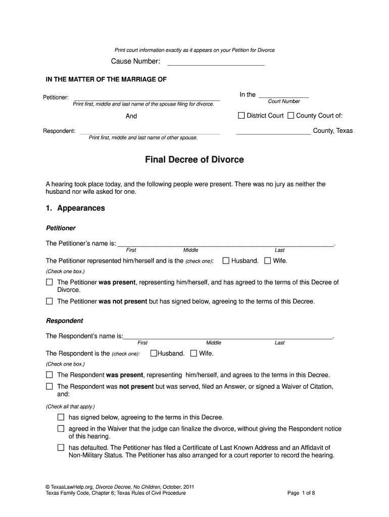 Final Divorce Decree Texas Fill Online Printable Fillable Blank 