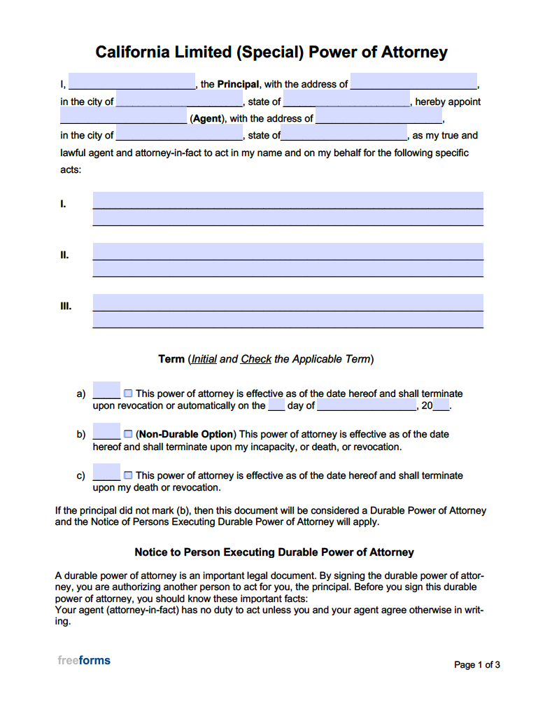 Free California Limited Special Power Of Attorney Form PDF WORD