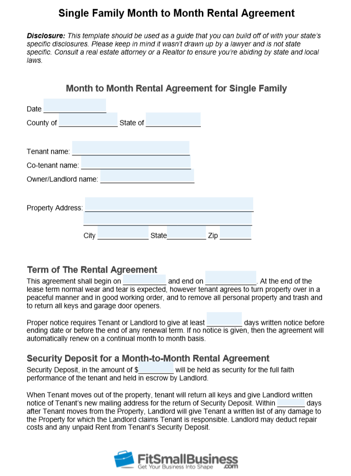 Free Month to Month Rental Agreement Template