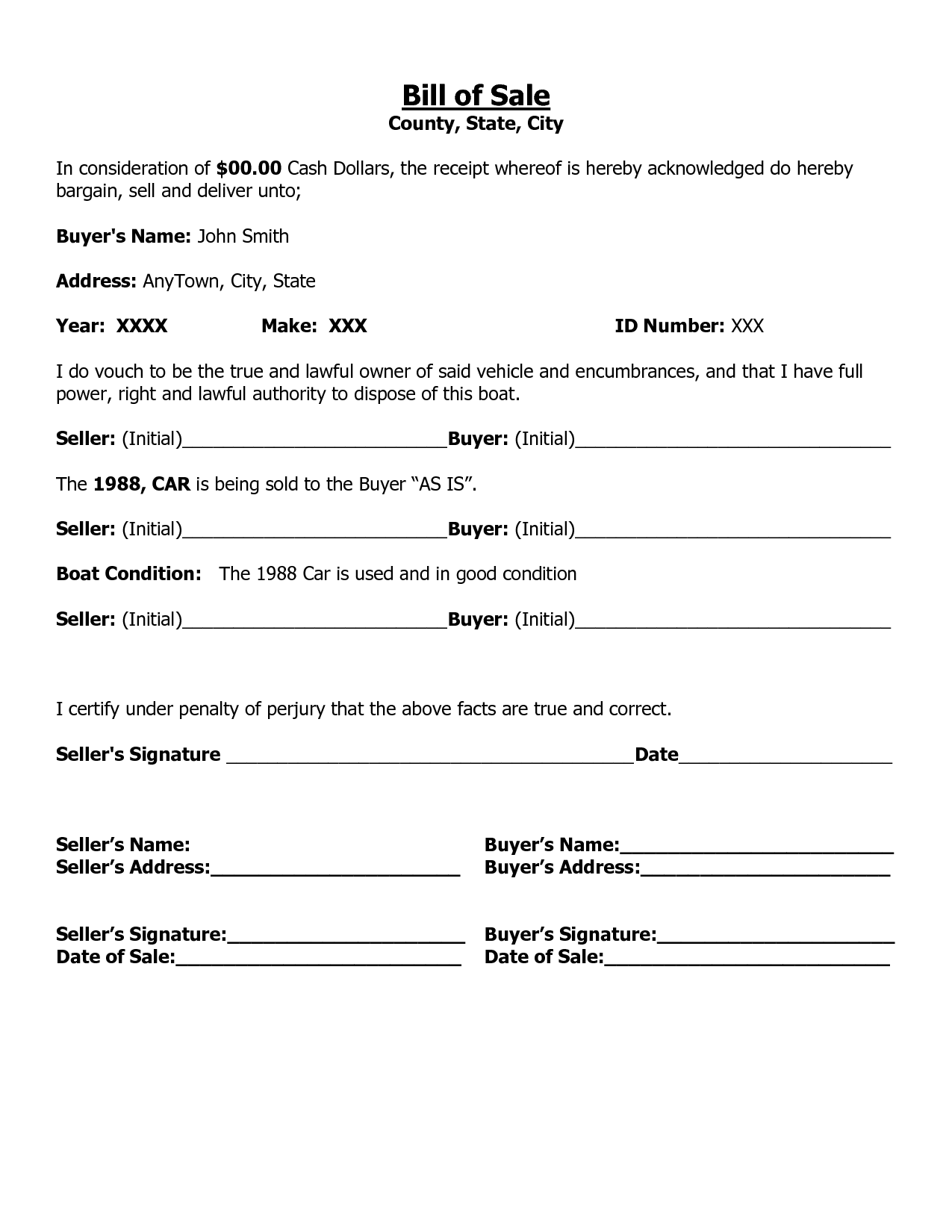 Free Printable Free Car Bill Of Sale Template Form GENERIC