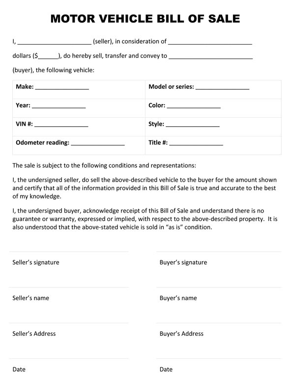 Free Printable Vehicle Bill Of Sale Template Form GENERIC 
