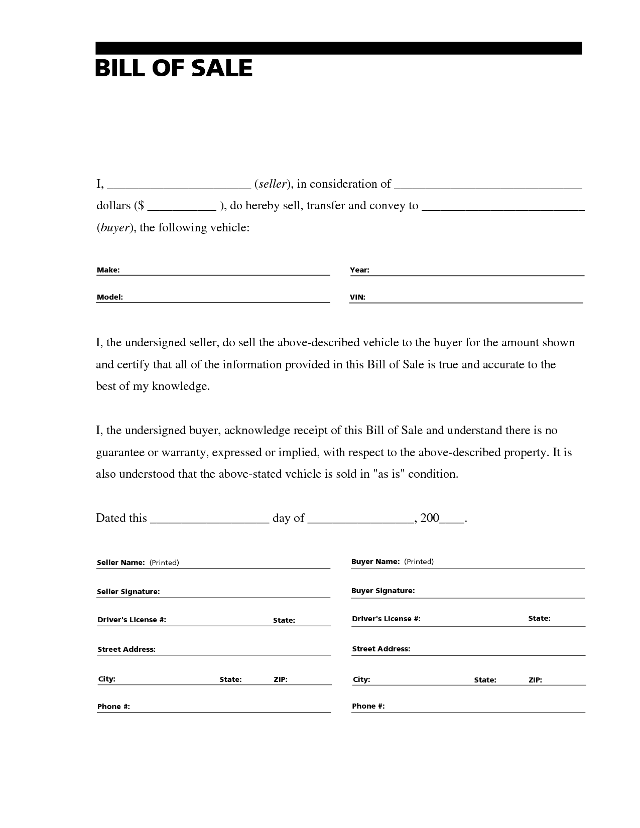 Free Printable Vehicle Bill Of Sale Template Form GENERIC 