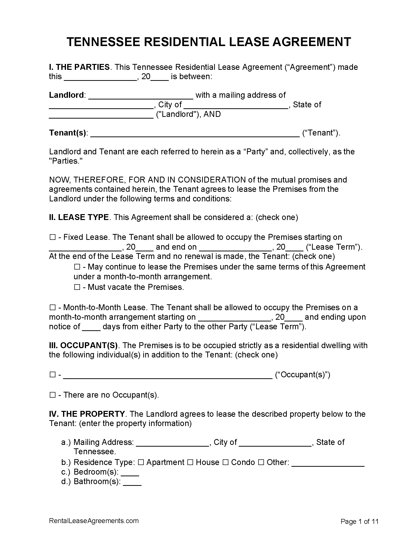 Free Tennessee Residential Lease Agreement PDF MS Word
