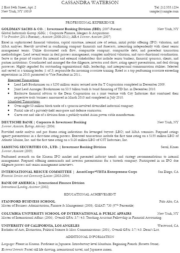 Investment Banker Resume Sample Free Resume Templates Resume