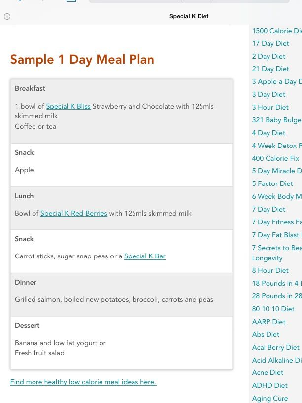 Special K Diet Sample Menu Special K Diet Special K Diet Plan Special K