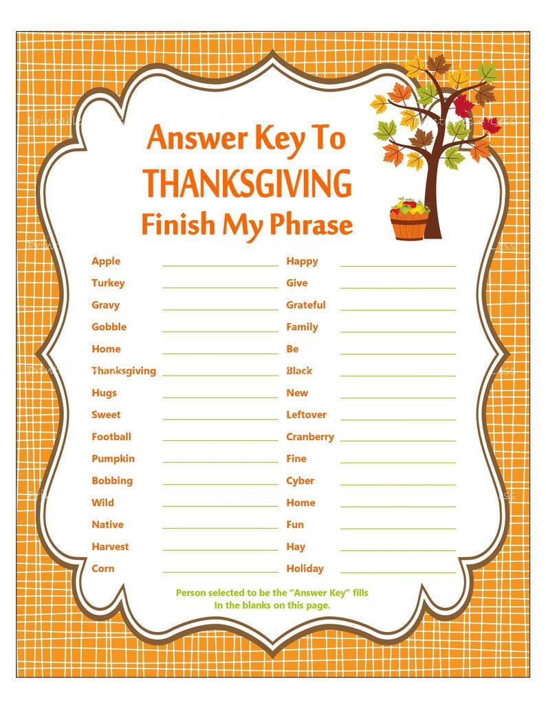Thanksgiving Finish My Phrase Printable Thanksgiving Party Game 