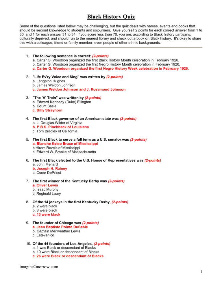Black History Quiz Questions And Answers Printable That Are Universal