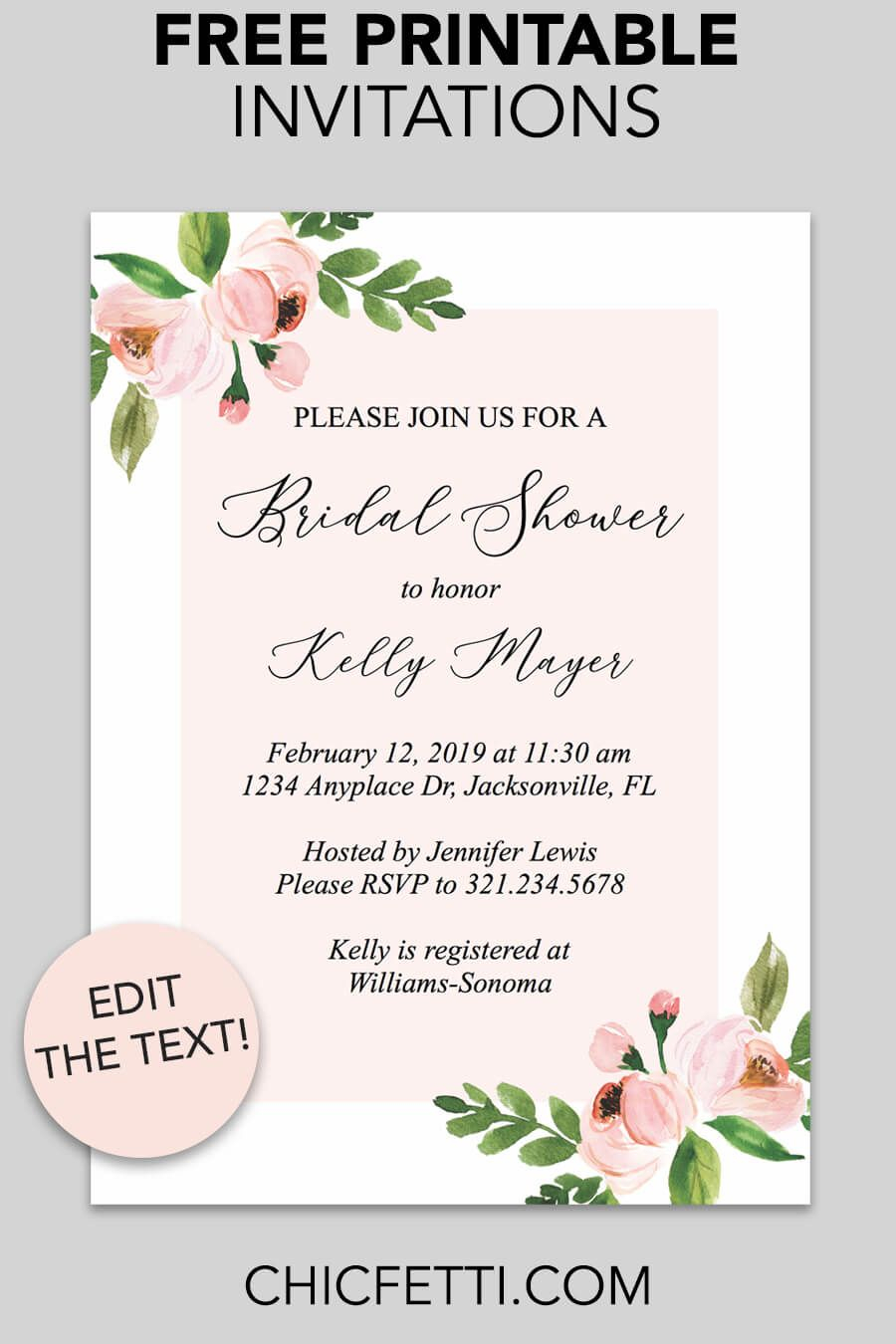 Bridal Shower Printable Invitation Light Pink Floral Chicfetti 