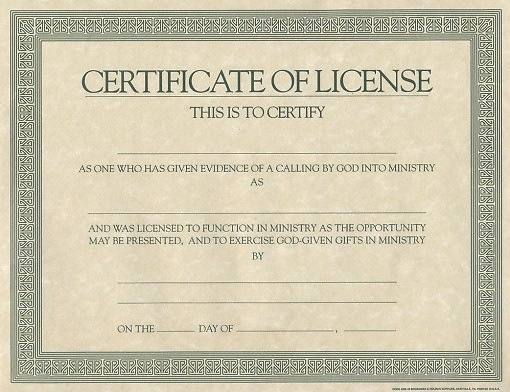 Certificate License For Minister Cokesbury