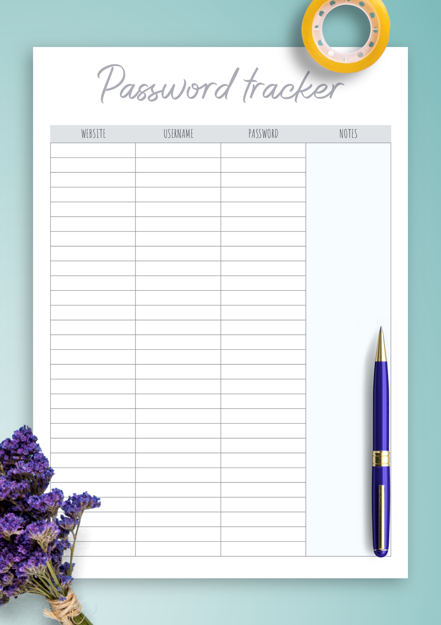 Download Printable Password Tracker Template With Notes Section PDF