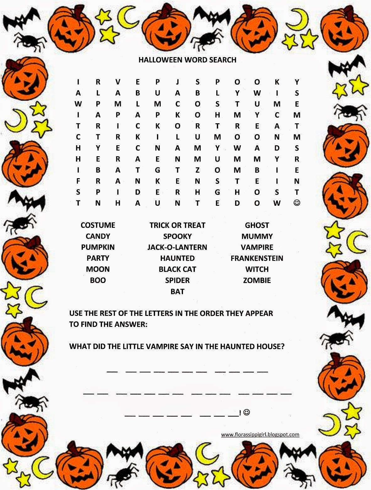 Florassippi Girl Halloween Word Search Free Printable