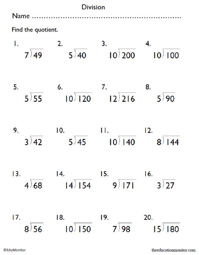 Fourth Grade Division Math Printable Worksheet EduMonitor