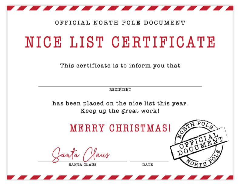 Free Printable Nice List Certificate Signed By Santa