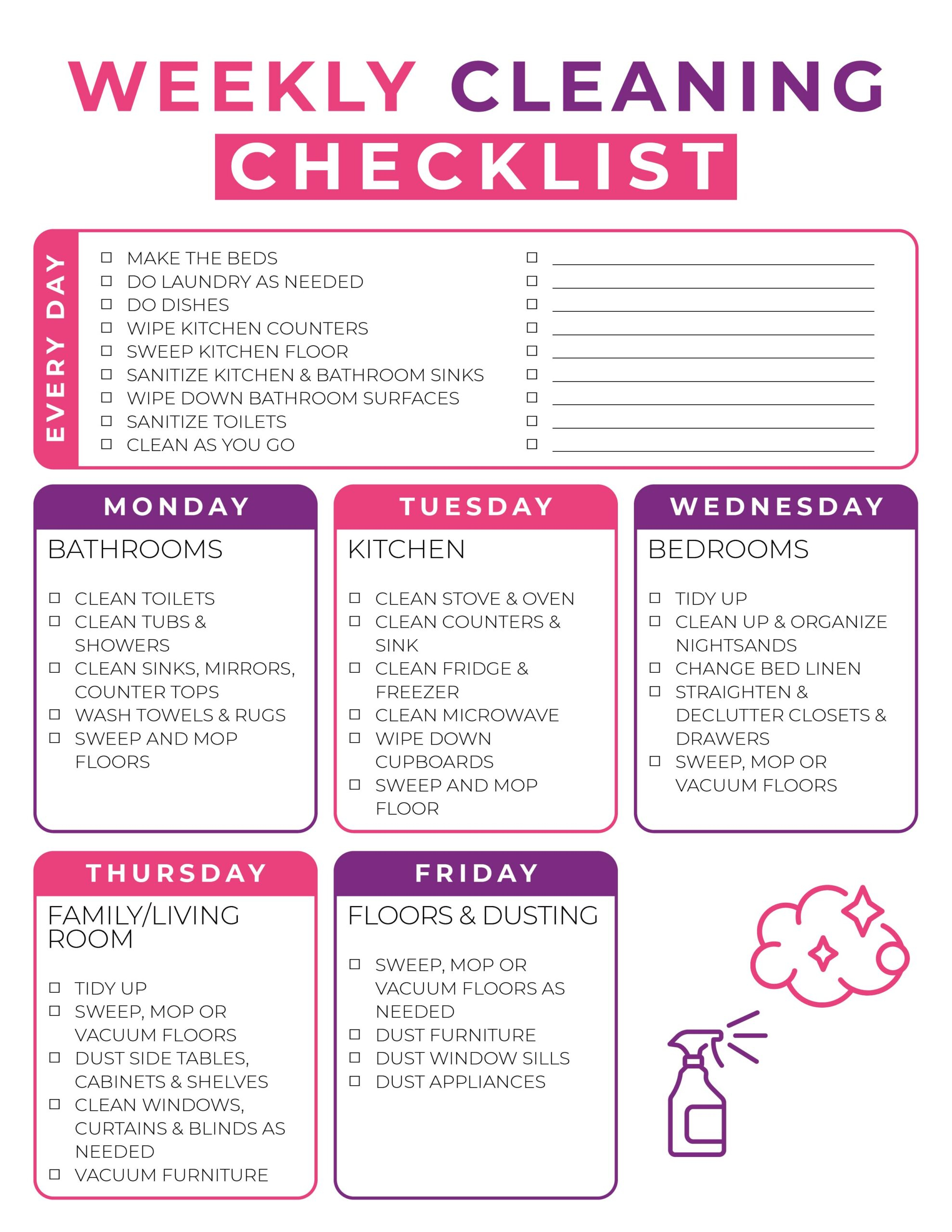 Free Printable Weekly Cleaning Checklist The Holy Mess