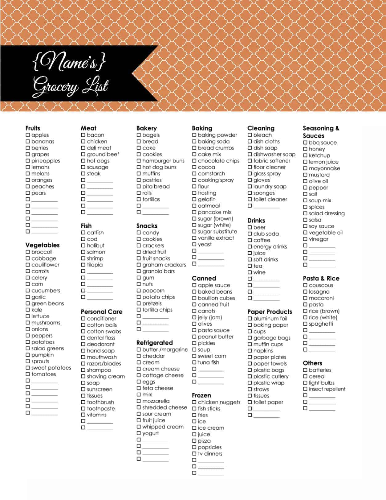 Grocery List Template Free Printable