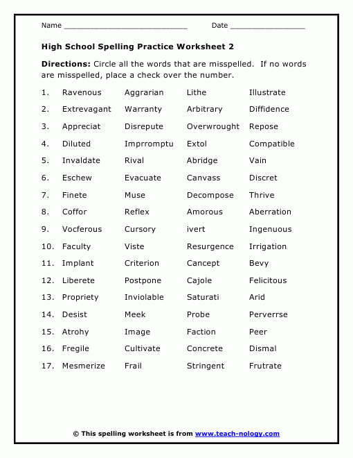 High School Spelling Practice Worksheet 2