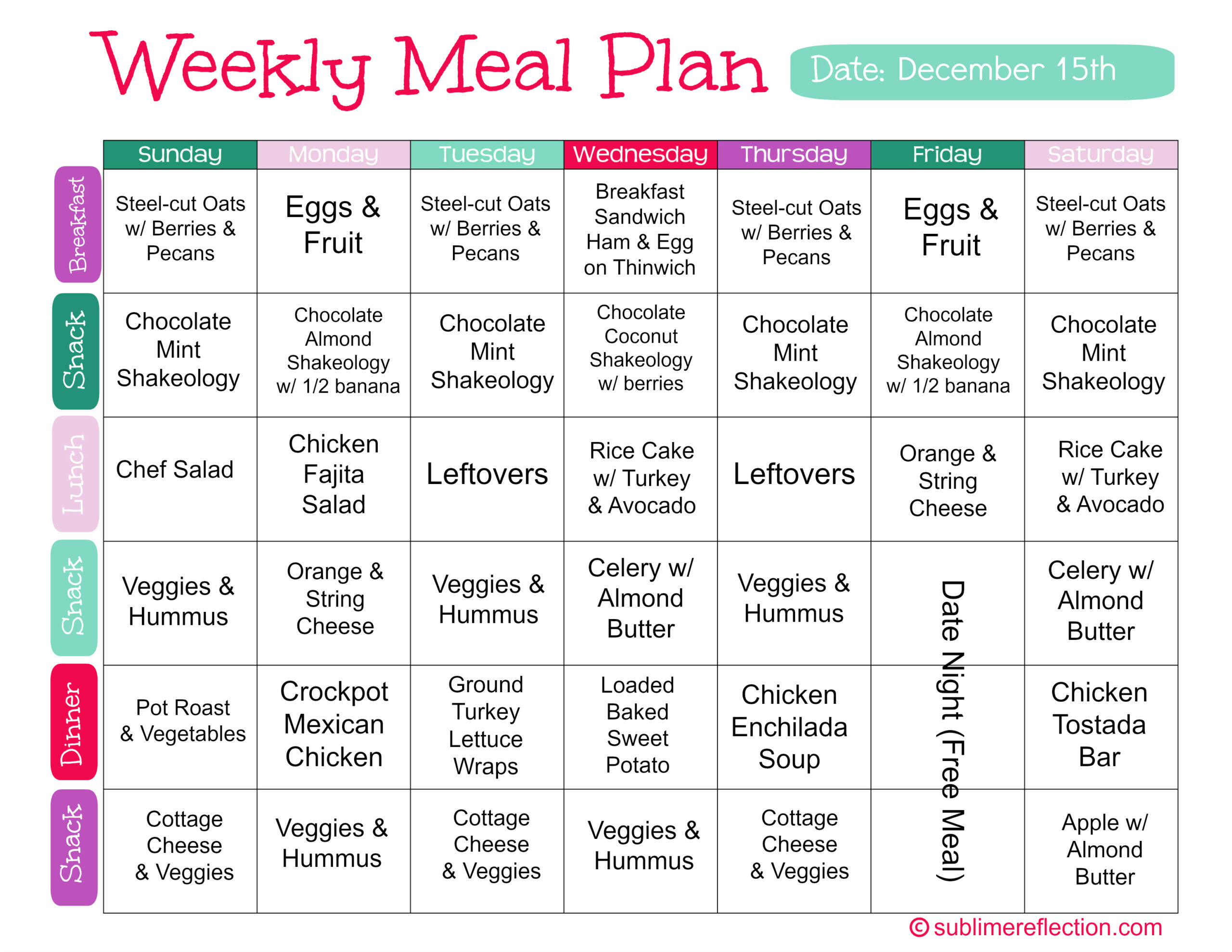 Meal Plan Dec 15 Sublime Reflection