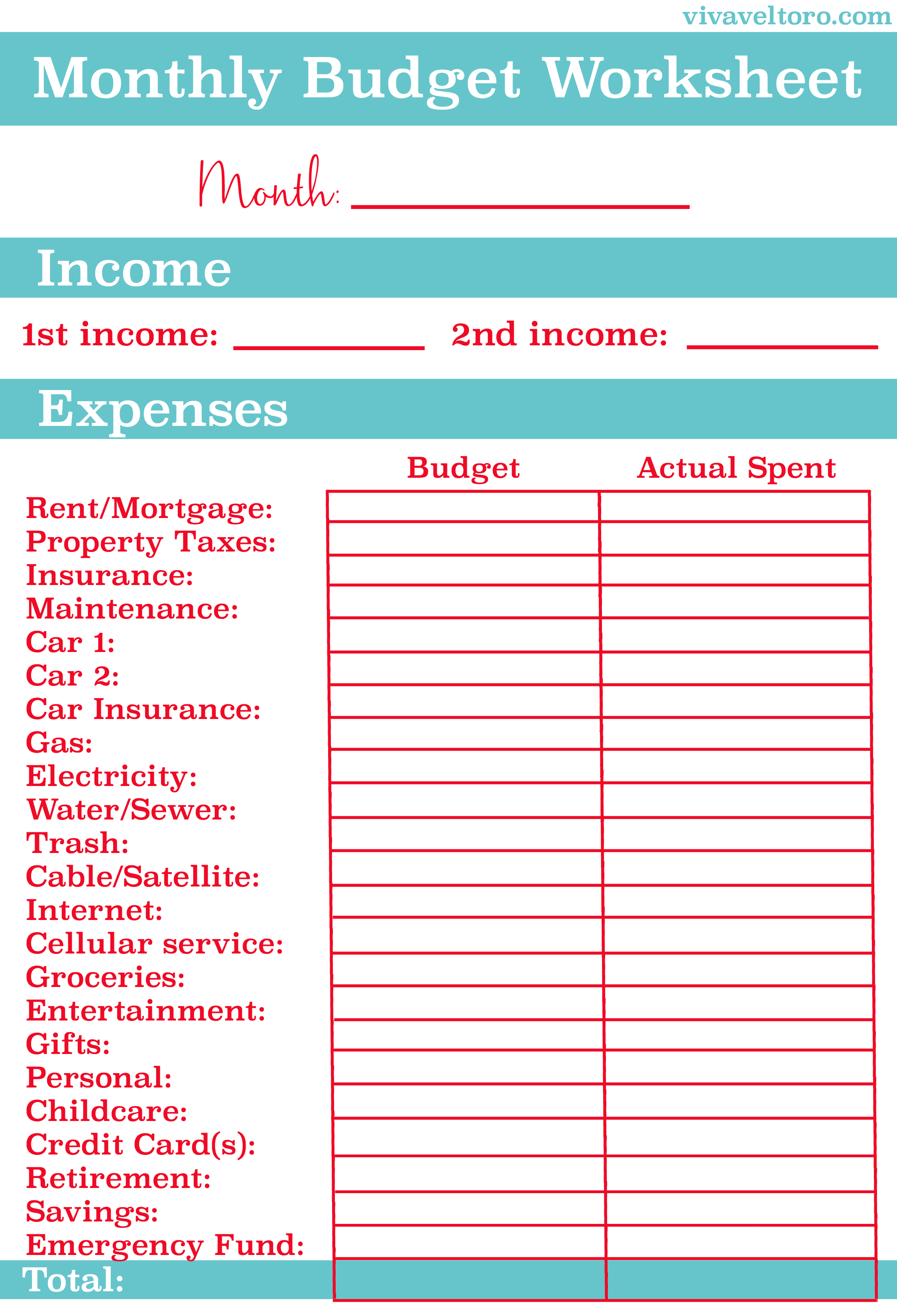 Monthly Budget Worksheet Free Printable Viva Veltoro