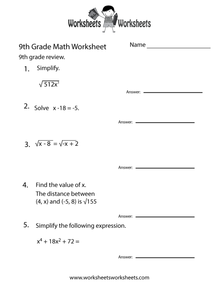 Ninth Grade Math Practice Worksheet Worksheets Worksheets