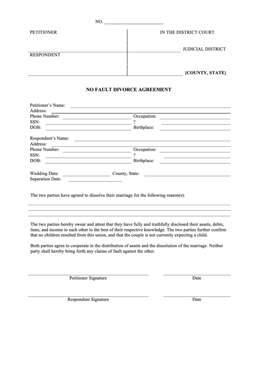 No Fault Divorce Agreement Template Printable Pdf Download