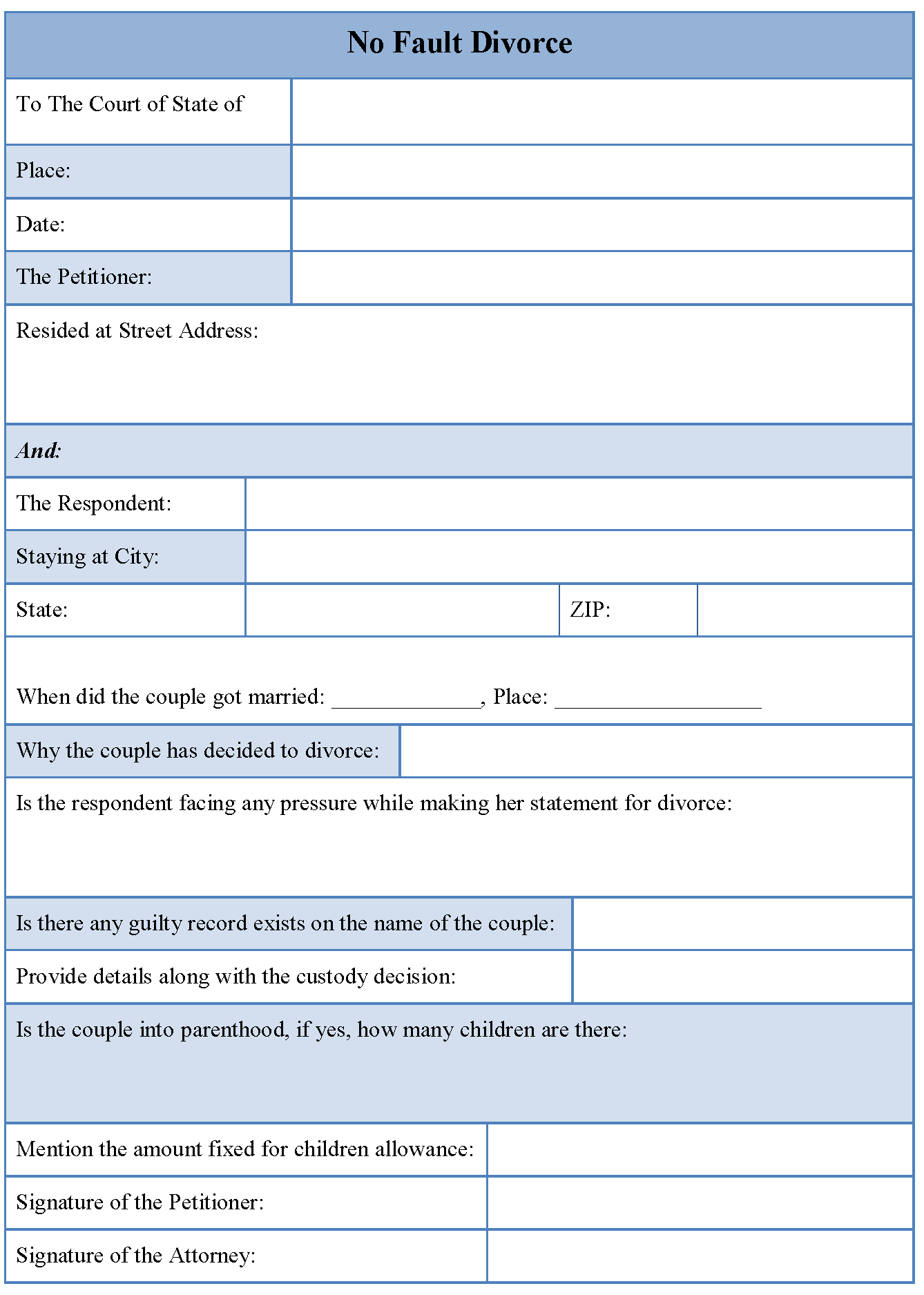No Fault Divorce Form Editable Forms