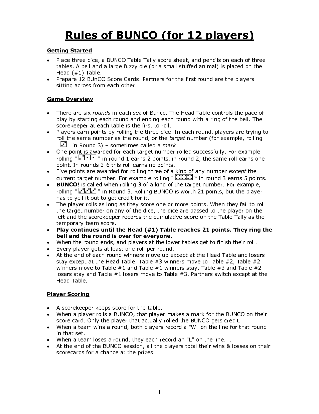 Printable Bunco Rules Rules Of BUNCO for 12 Players Bunco 