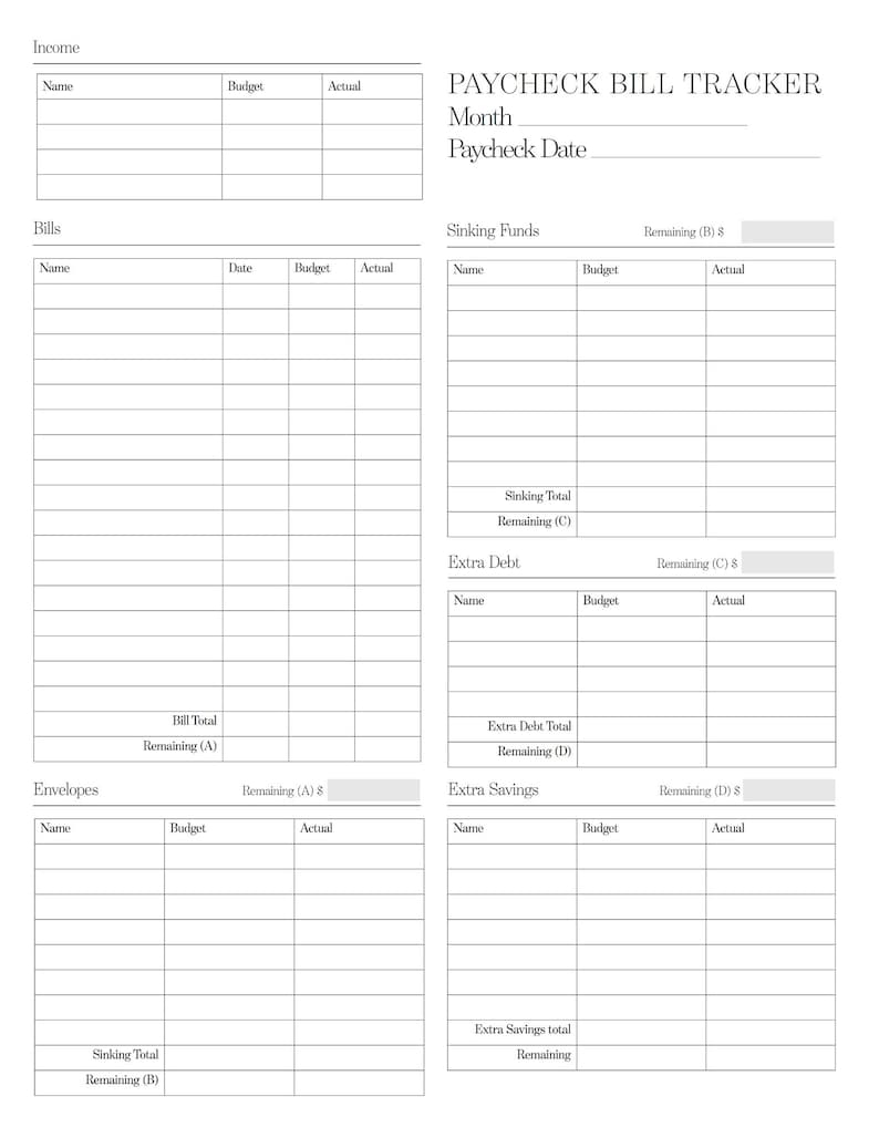 Printable Paycheck Bill Tracker Budget Printables Instant Etsy